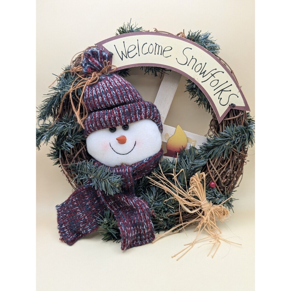 Vintage Rustic Grapevine Christmas Wreath Welcome Snowfolks Plush Snowman